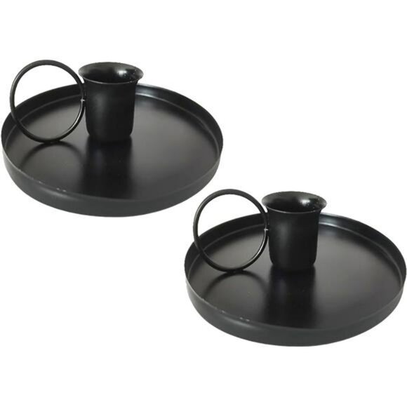 Set of 2 black iron taper candle holders 4 inch round base wedding table decor - Picture 1 of 7